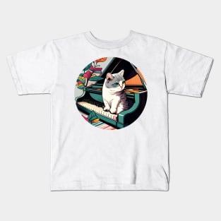 Cute Cat Kitty Playing Keyboard Piano Funny Player Kids T-Shirt